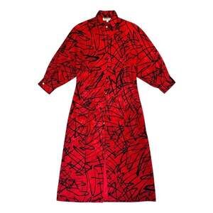 Vintage 80s Andrea Gayle Red Black Abstract Scribble Print Maxi Shirt Dress